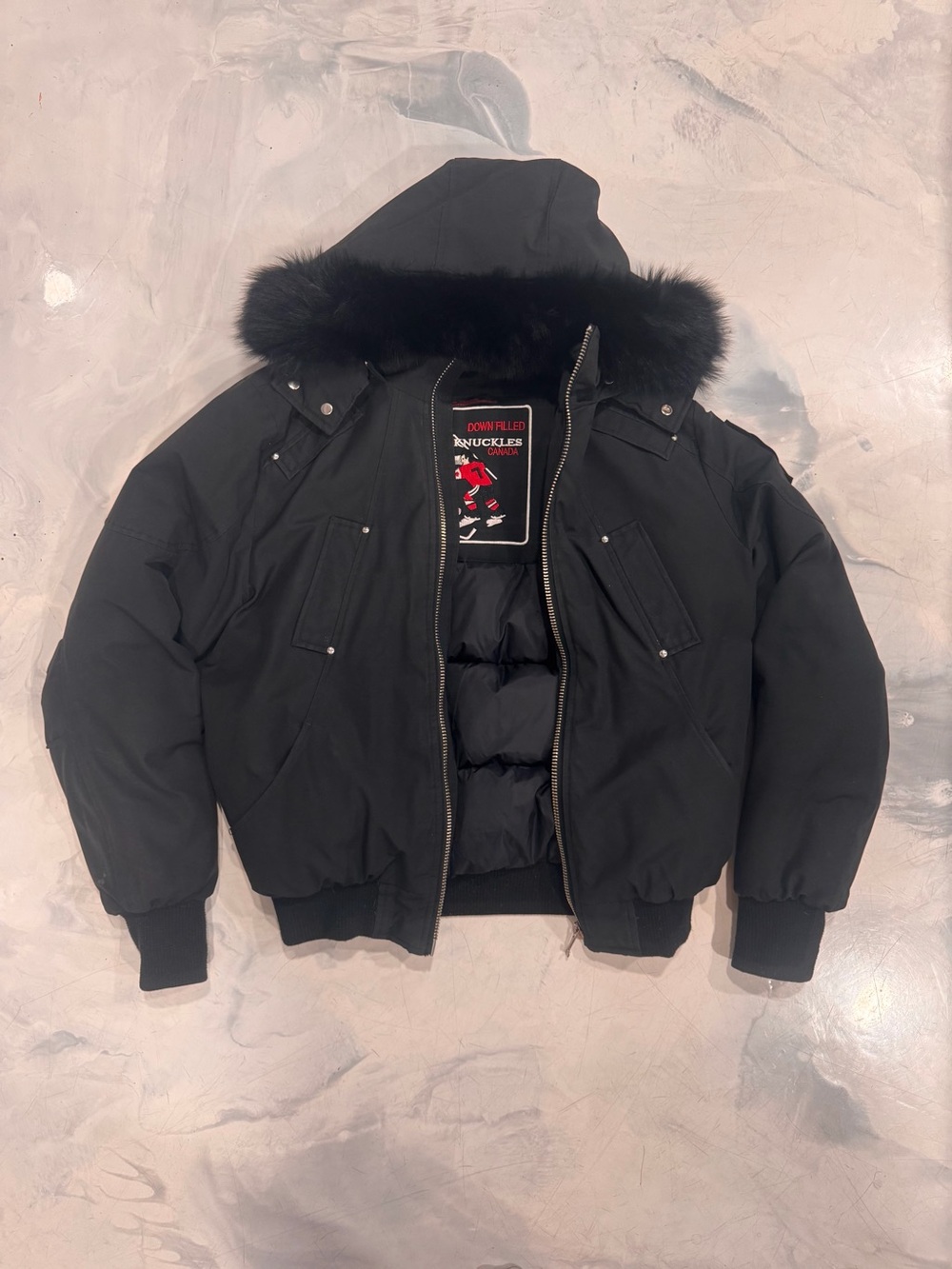 Moose Knuckles Black Hooded Fur-Trim Bomber Puffer